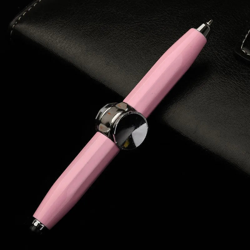 Creative multi-function metal pen with LED light and fingertip gyro spinner for writing and fidgeting.