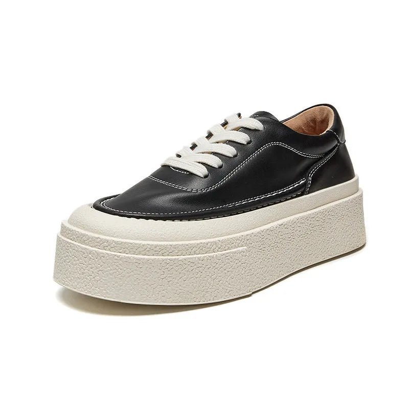 Women's black and white cowhide platform casual shoes with round toe and rubber sole
