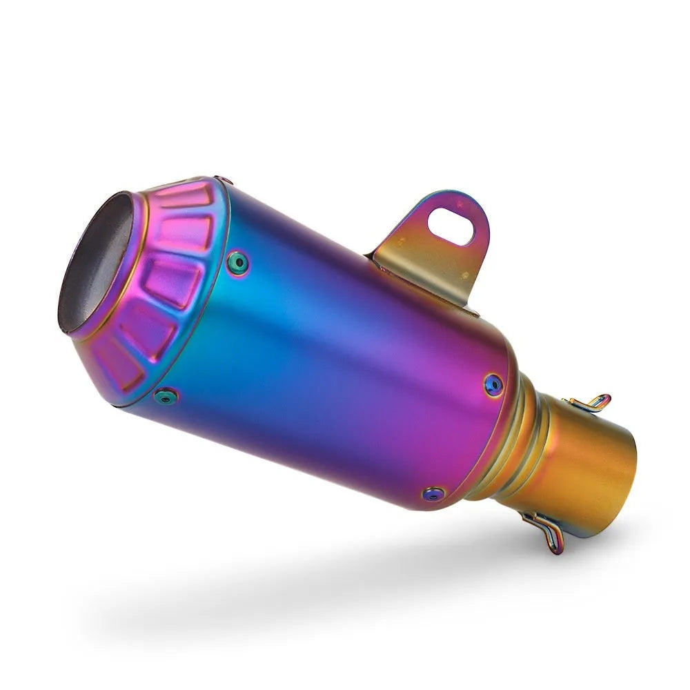 Universal stainless steel motorcycle exhaust pipe with decorative flower cover in black, titanium, half blue, or colourful finish