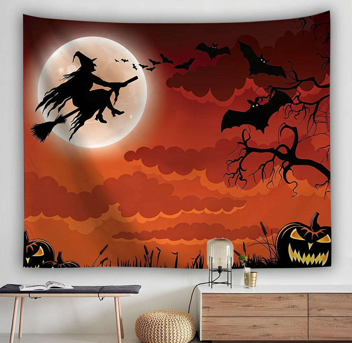 Halloween Witch Tapestry in red with Nordic style design, rectangular shape with five size options
