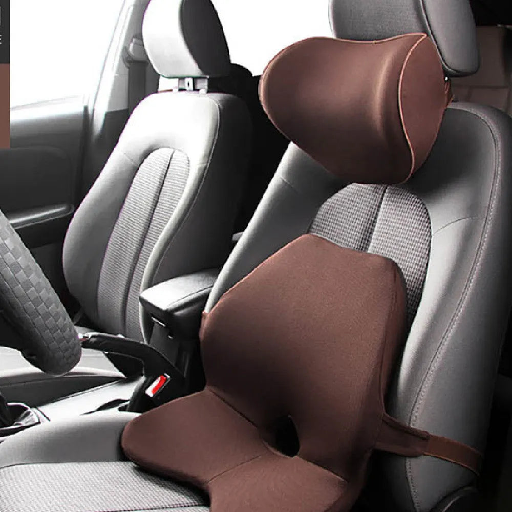 Memory foam car lumbar support cushion and headrest combination in beige colour