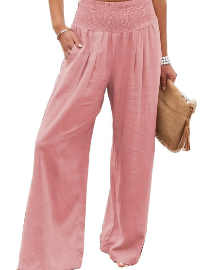 Women's wide leg casual pants in cotton linen blend, available in multiple colors