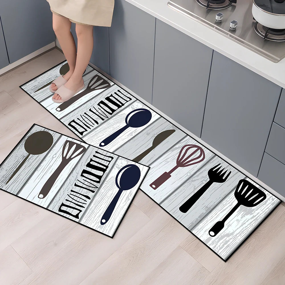 Rectangular polyester kitchen floor mat with machine-woven texture in modern design