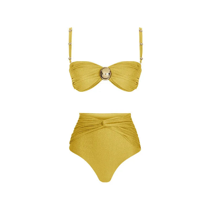 Women's high-waisted bikini swimsuit in yellow two-piece and green one-piece styles
