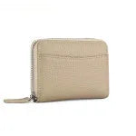 Genuine leather men's and women's zipper coin storage purse in black with sewing line detail.