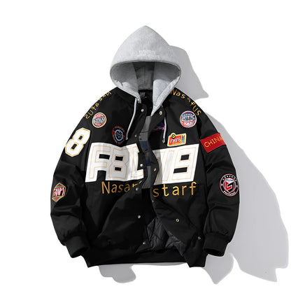 American motorcycle baseball uniform jacket with removable hood and side seam pockets in black colour