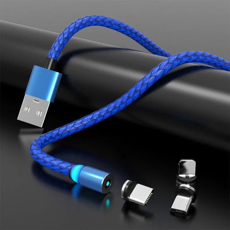 Magnetic data cable with breathing light indicator in multiple colours, showing Apple, Android and USB-C magnetic head options