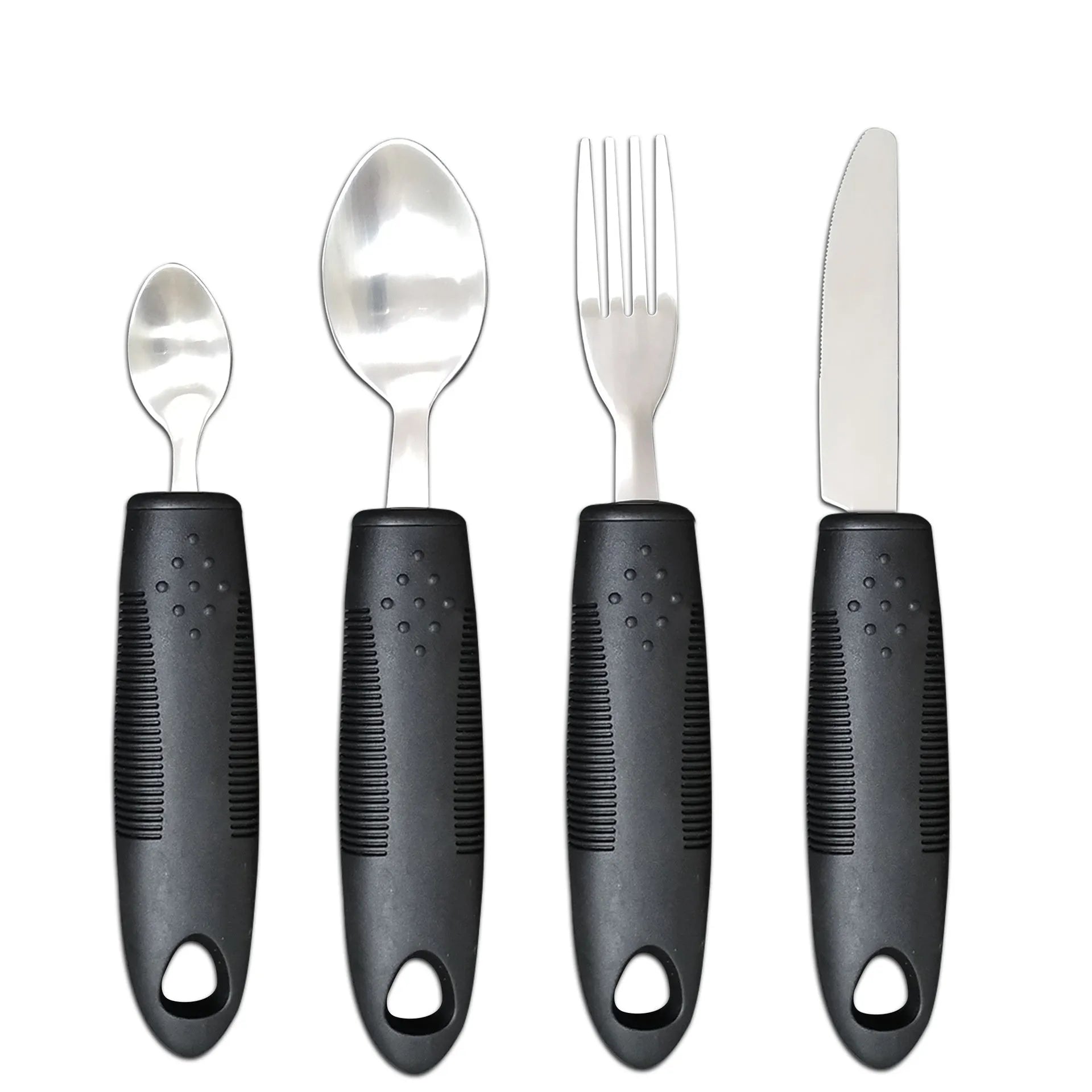 Stainless steel adaptive eating utensils with rubber handles and bendable components for elderly anti-shake support