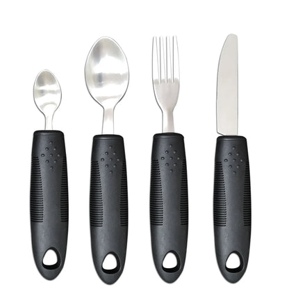 Stainless steel adaptive eating utensils with rubber handles and bendable components for elderly anti-shake support