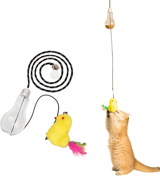 Grey and yellow interactive cat toy hanging on door frame with retractable elastic rope and treat dispenser