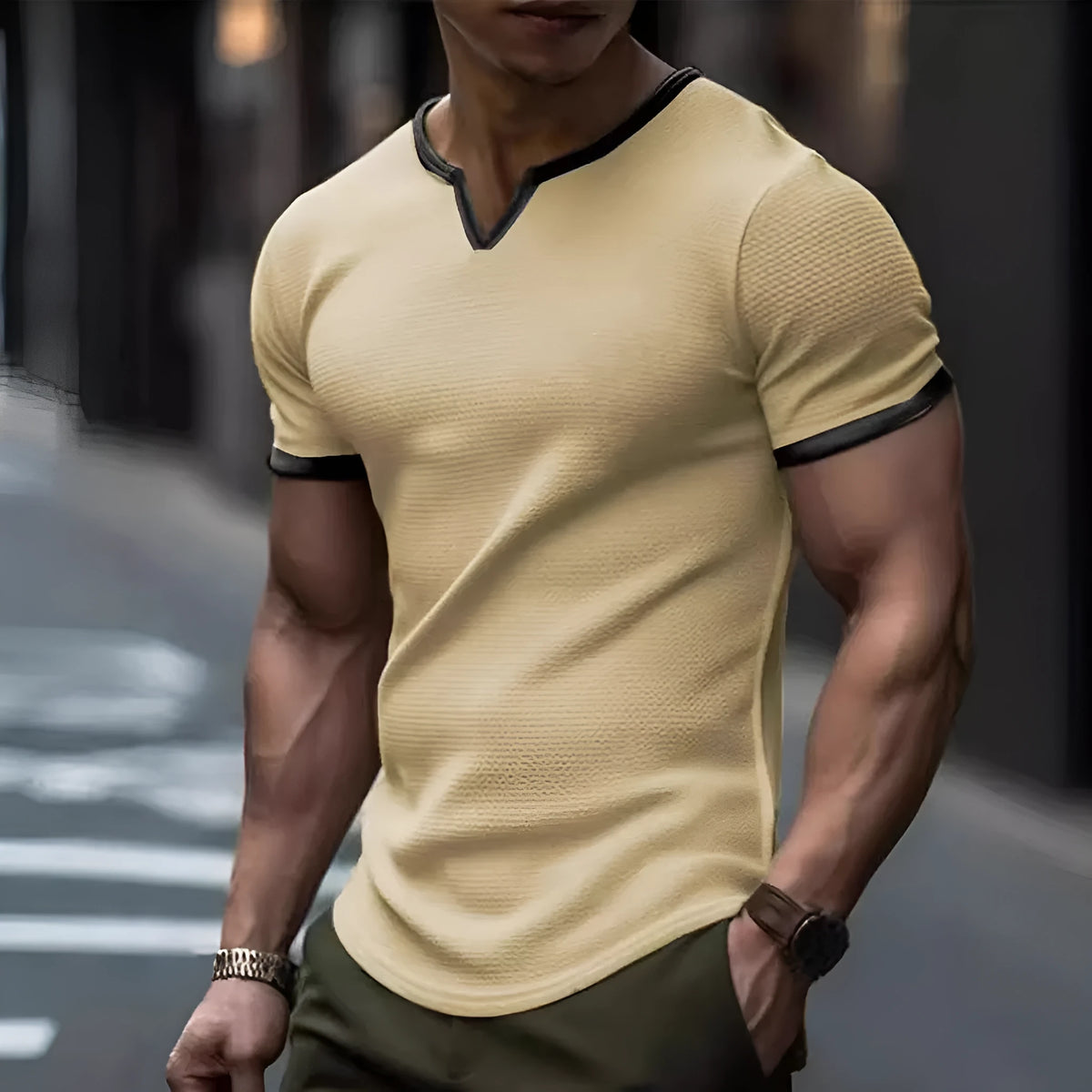 Men's colour-block V-neck waffle texture t-shirt in polyester for sports