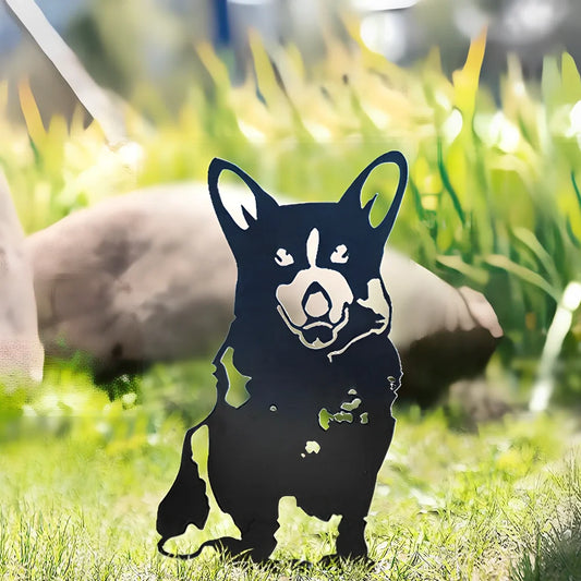 Metal dog silhouette garden decoration showing breed outline on iron background for outdoor display