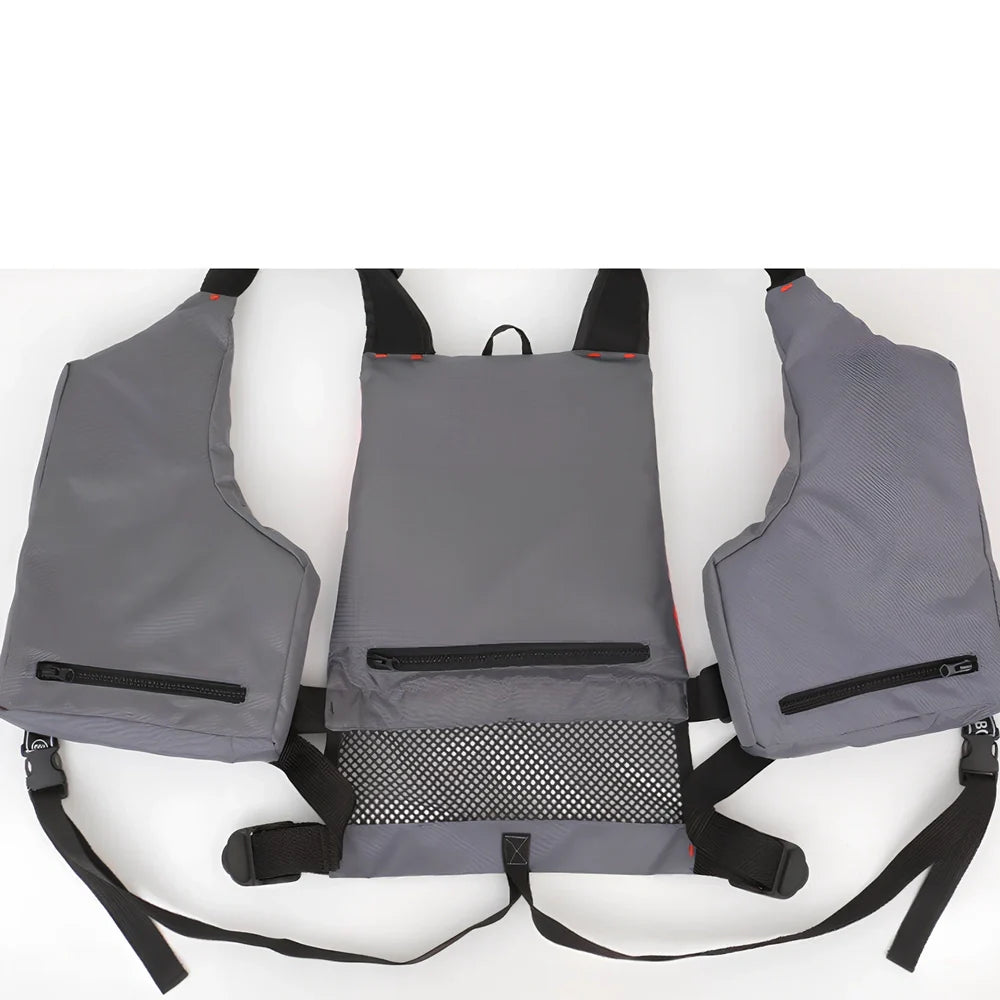 Gray-red Oxford cloth fishing swim vest with slim 0-type design and one-size universal fit