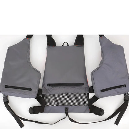 Gray-red Oxford cloth fishing swim vest with slim 0-type design and one-size universal fit