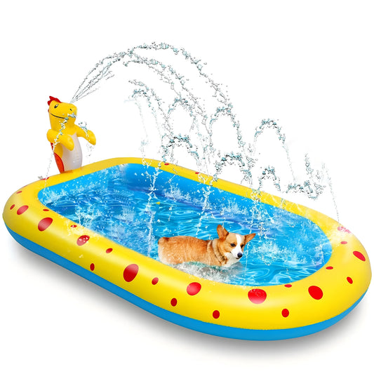 Blue dinosaur inflatable water spray pool measuring 170cm long for children's outdoor play