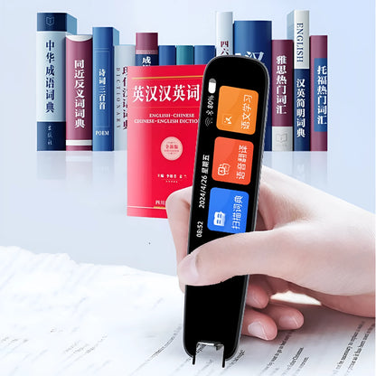 Dark grey and white offline talking translation pen for English study on a desk.