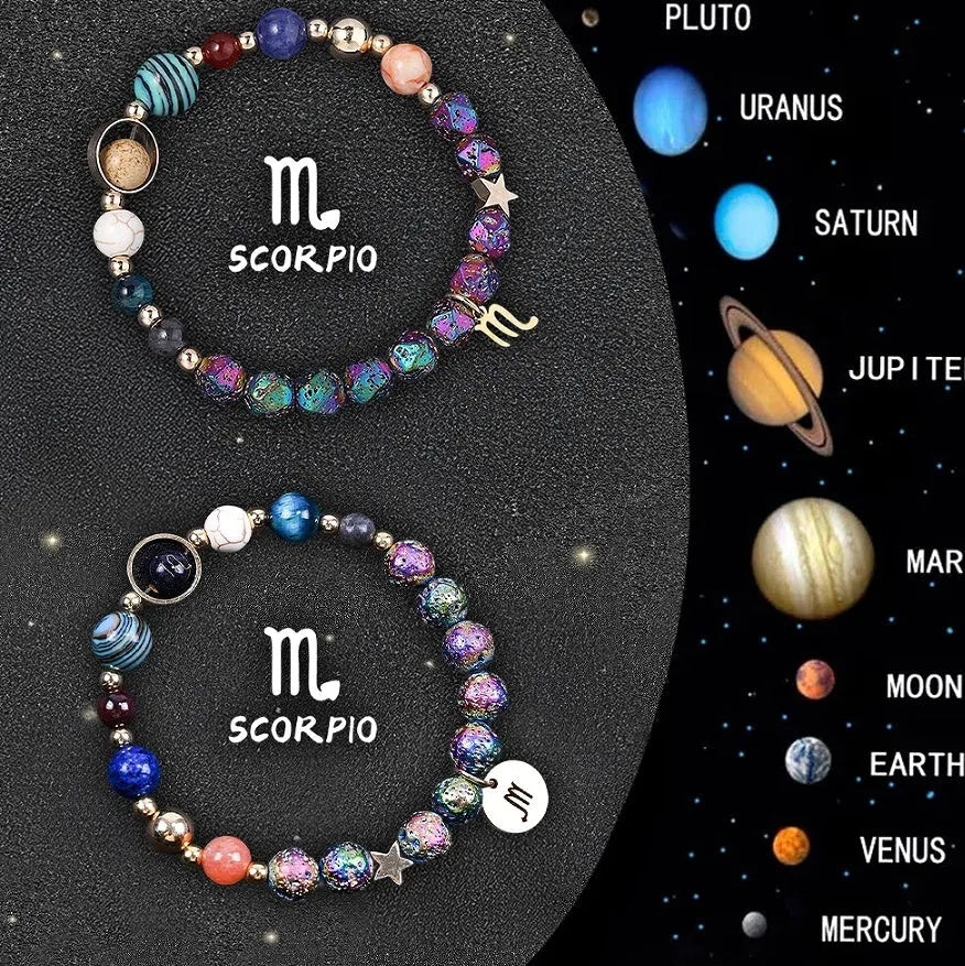 Adjustable natural stone zodiac beaded bracelet showing twelve different sign styles with 8mm beads