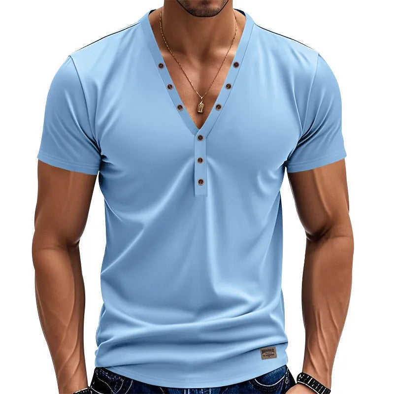 Men's loose V-neck pullover top with button detail in a solid colour.