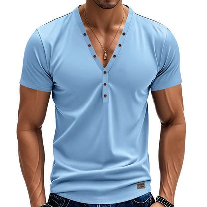 Men's loose V-neck pullover top with button detail in a solid colour.