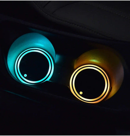 Colorful LED cup holder coaster with 7 color lighting options, solar and USB charging capabilities, and non-slip design for secure drinks in your car