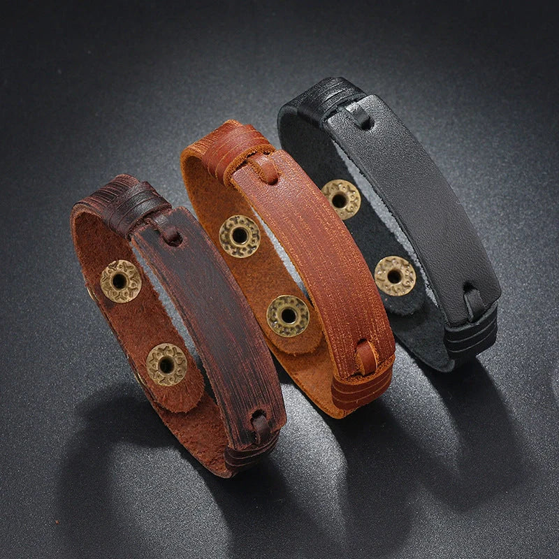 Adjustable leather bracelet with unique light board feature in light brown, black, and dark brown options.