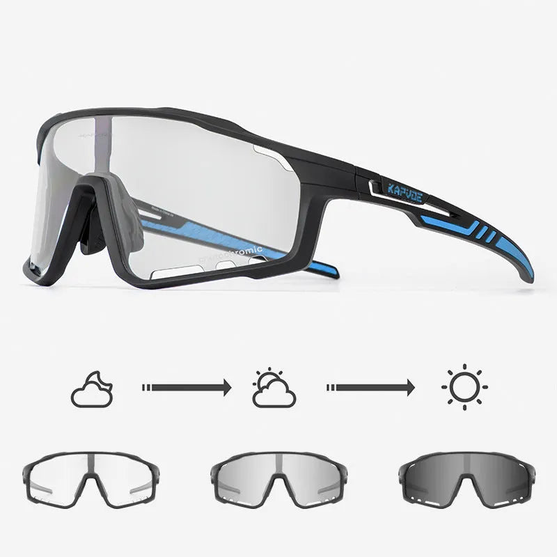 Photochromic cycling sports goggles with a semi-rimless TR90 frame and adaptive tint lens.