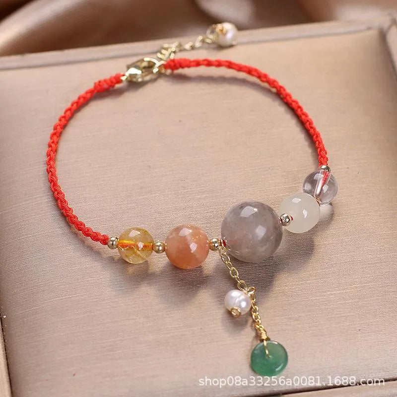 Hand-woven women's bracelet with adjustable buckle in red, green or blue with crystal and sequin details
