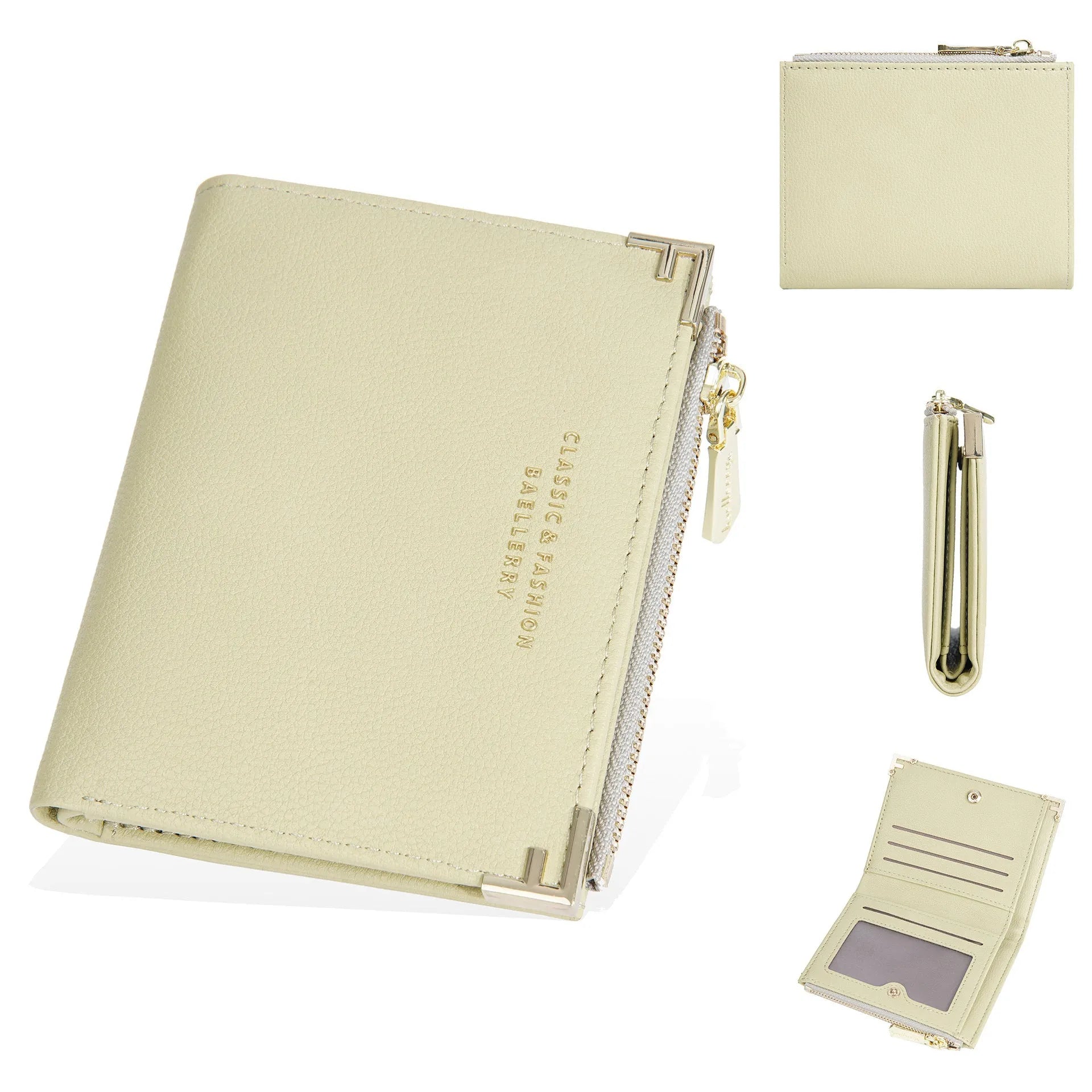 Slim pink PU leather women's wallet with card slots and a zipper coin compartment.