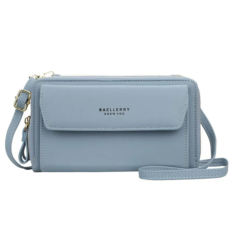 Ladies long wallet double zipper messenger bag in soft PU leather, shown in available colours