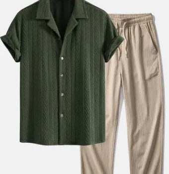 Slim-fit casual suit with digital camouflage print, short-sleeved lapel shirt, and matching trousers for leisure wear