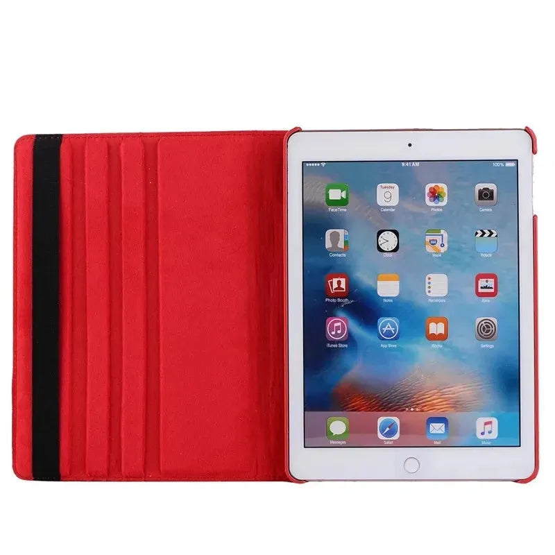 Imitation leather rotating clamshell sleeve case for iPad tablets in multiple colours.