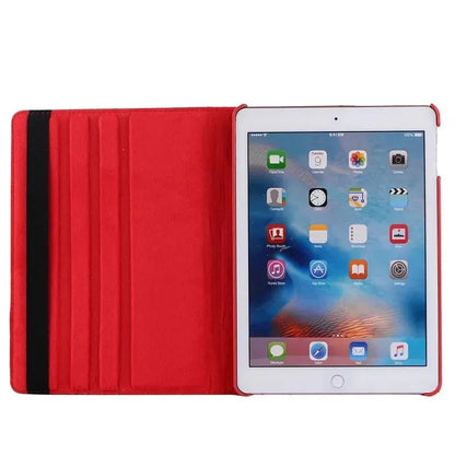 Imitation leather rotating clamshell sleeve case for iPad tablets in multiple colours.