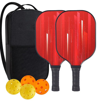 Peak Racket fibreglass squash set showing two rackets and four balls for complete playing equipment