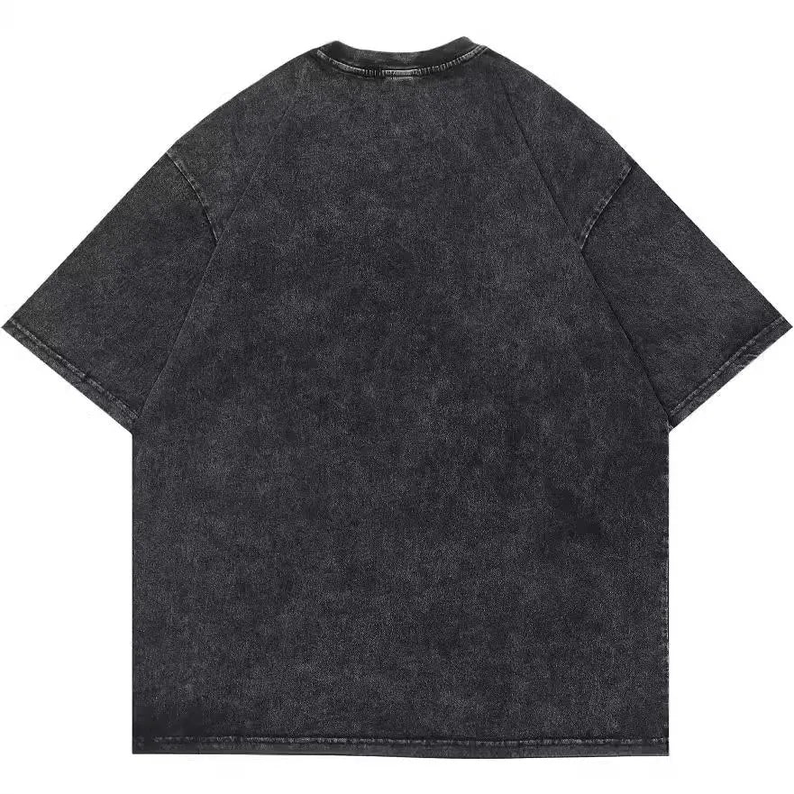 Men's black loose fit cotton t-shirt with retro cartoon pattern and short sleeves