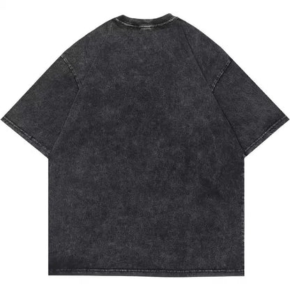 Men's black loose fit cotton t-shirt with retro cartoon pattern and short sleeves