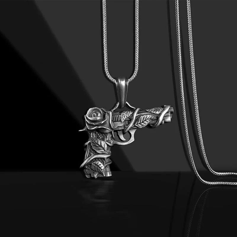 Men's black titanium steel gun and rose pendant necklace with square pearl chain