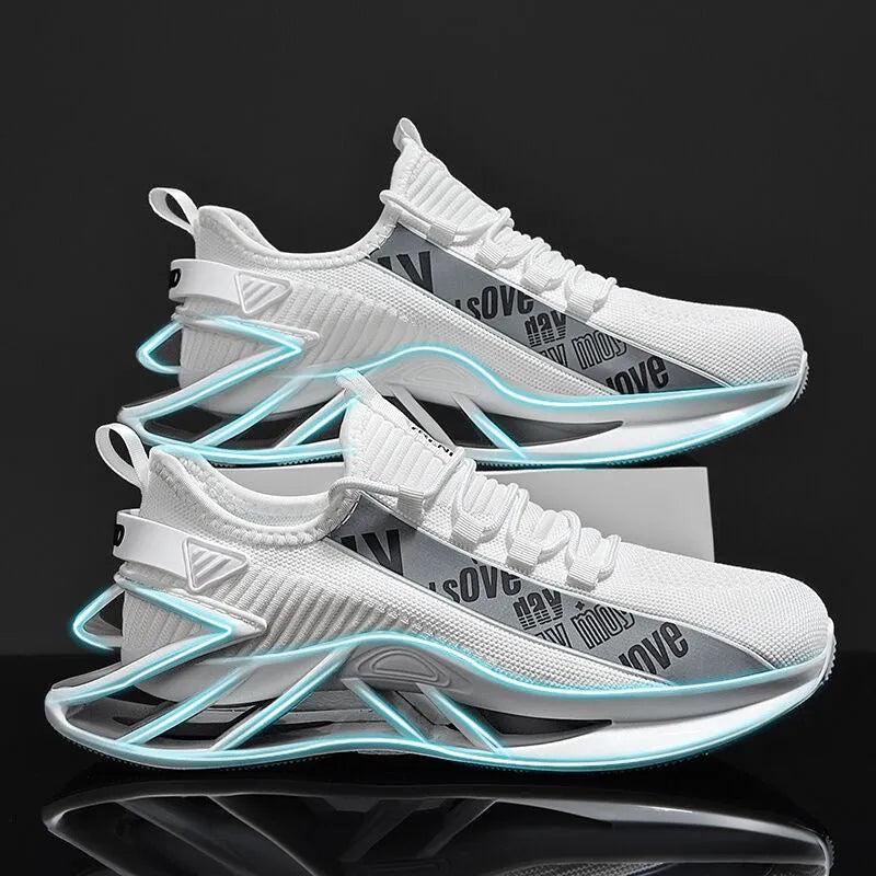 Men's casual shoes with breathable woven mesh upper in black, blue, red, or white colours showing embroidery detailing