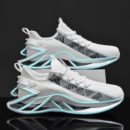 Men's casual shoes with breathable woven mesh upper in black, blue, red, or white colours showing embroidery detailing