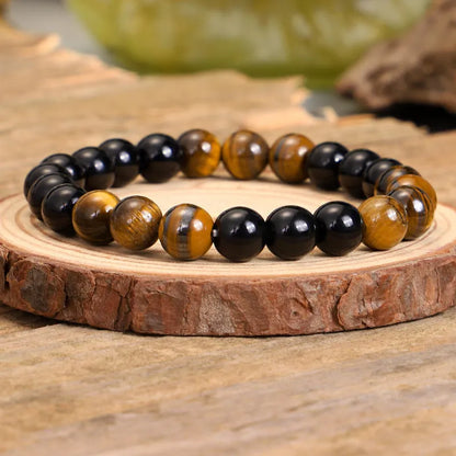 Handmade tiger eye stone necklace with ball bead chain and tassel pendant, adjustable length over 81cm