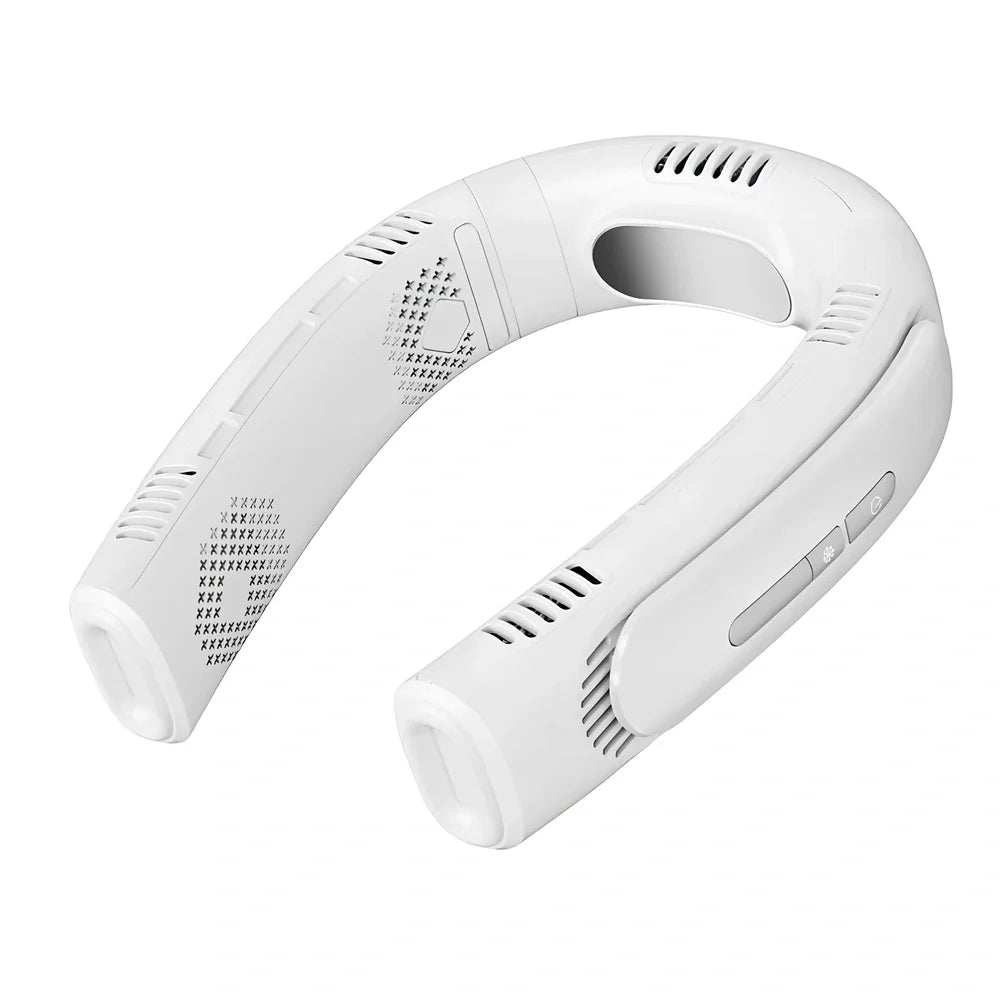 Semiconductor refrigeration hanging neck fan with five cooling units in Glacier White colour option