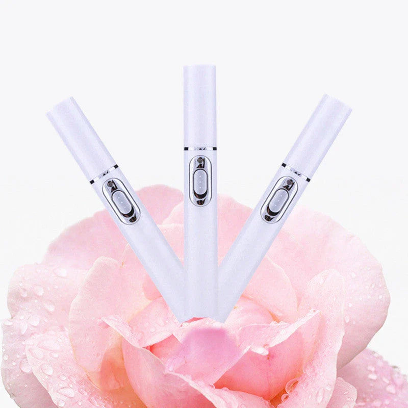 Portable blue light therapy acne and wrinkle remover pen with white body and blue light