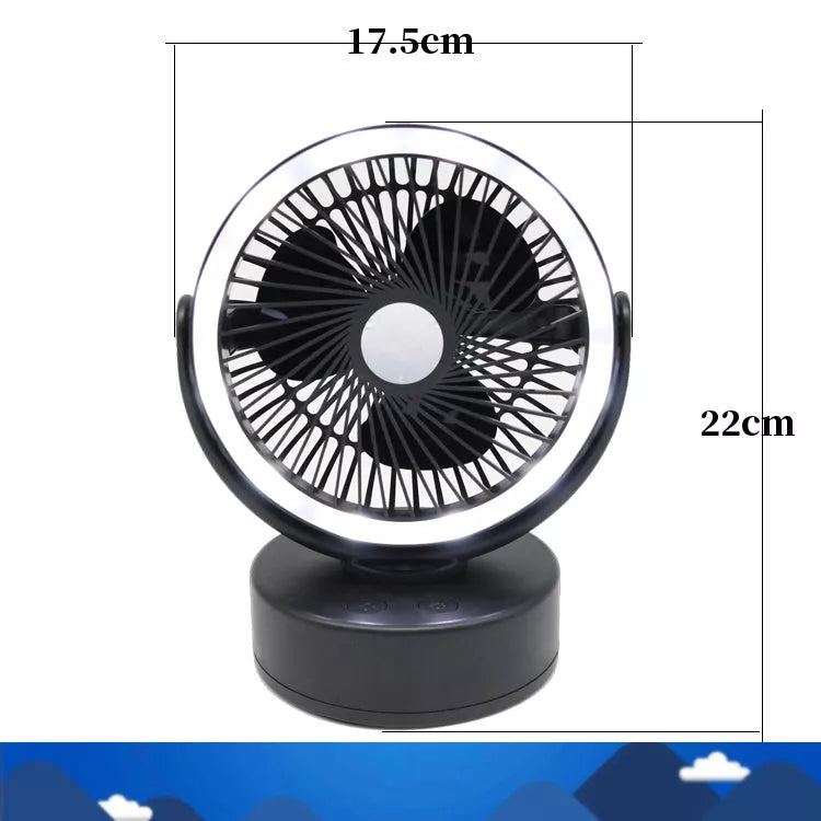 Black Tent LED fan light with adjustable settings for camping comfort