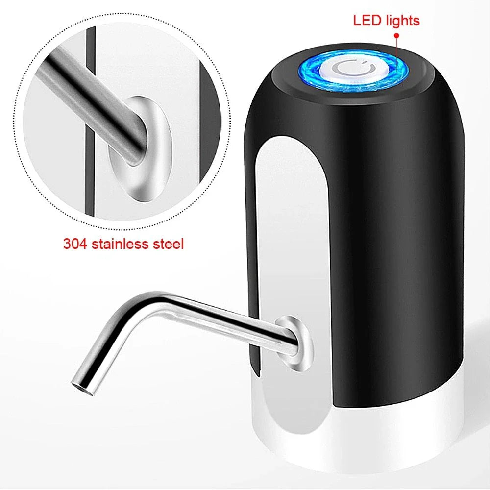 Cordless electric water bottle pump with USB charging, automatic suction, and wide bottle compatibility