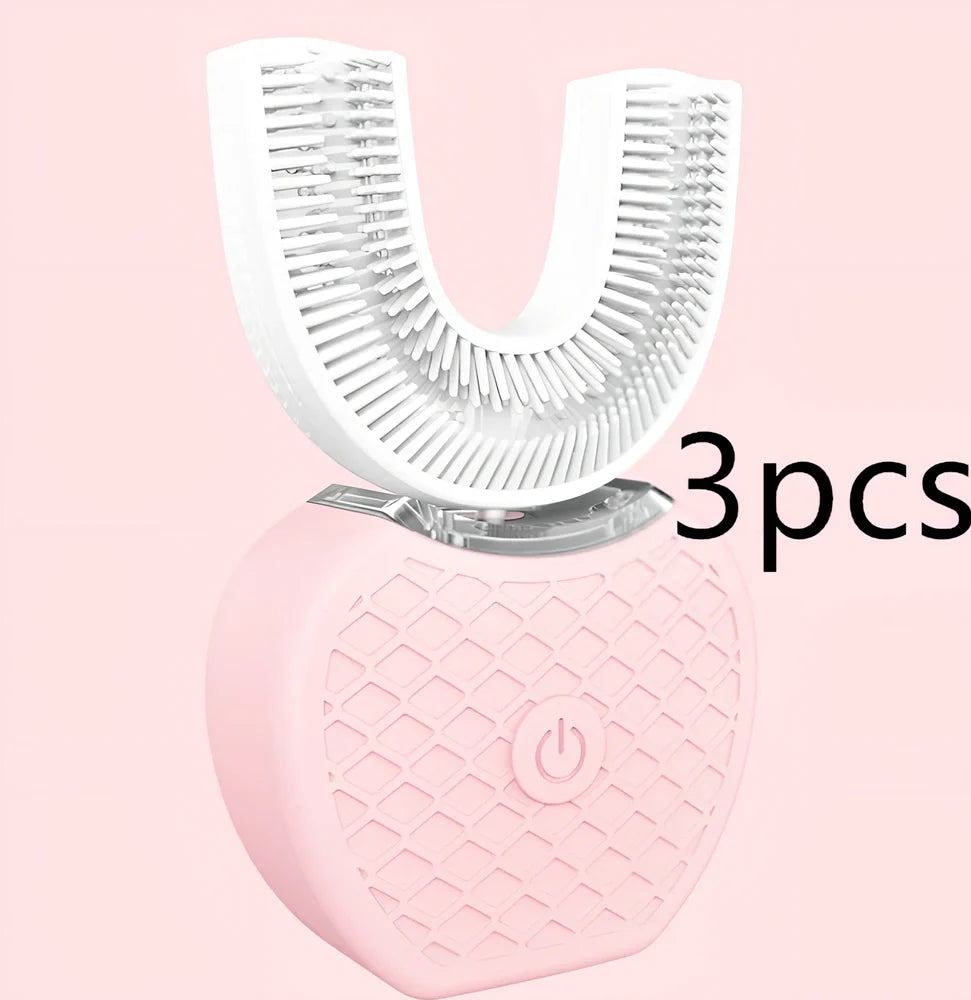 Black ultrasonic electric toothbrush with U-shaped design showing magnetic charging base and USB cable