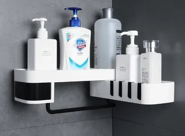 White and grey adhesive wall-mounted corner shelf unit for bathroom or kitchen.