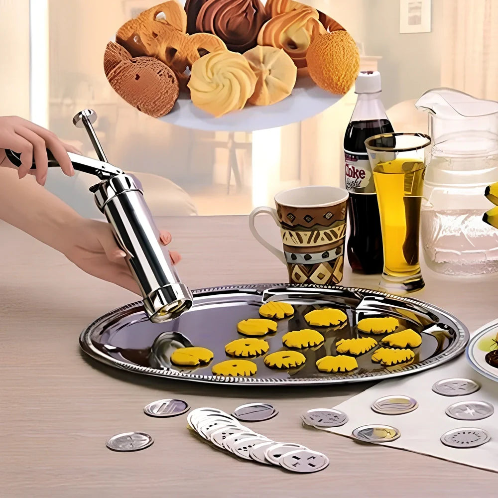 Stainless steel cookie press with 20 pattern discs for making uniform biscuits