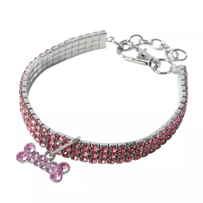 Adjustable bling rhinestone dog collar for small to medium pets in blue, white, and pink