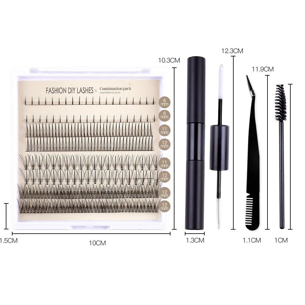 DIY false eyelash set with glue, tools and natural segmented clusters for home application