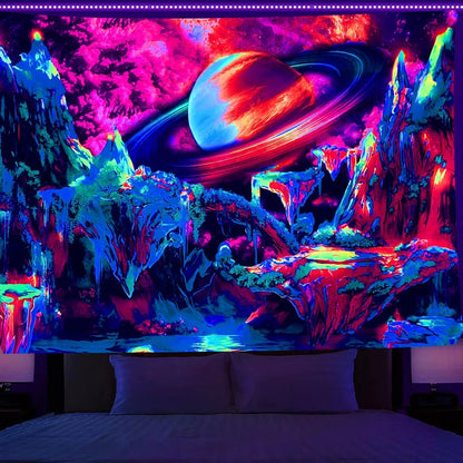 Simple mushroom tree of life fluorescent print polyester tapestry, 150x200cm size hanging on wall with subtle glow