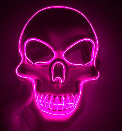 Blue LED glow skeleton mask with flashing lights on a person's face